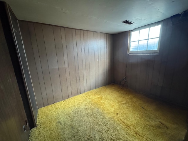 below grade area featuring carpet floors and wooden walls