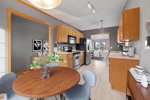 kitchen with sink, crown molding, track lighting, stainless steel appliances, and light hardwood / wood-style floors