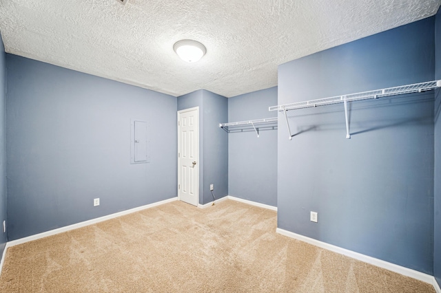 interior space with electric panel and light carpet