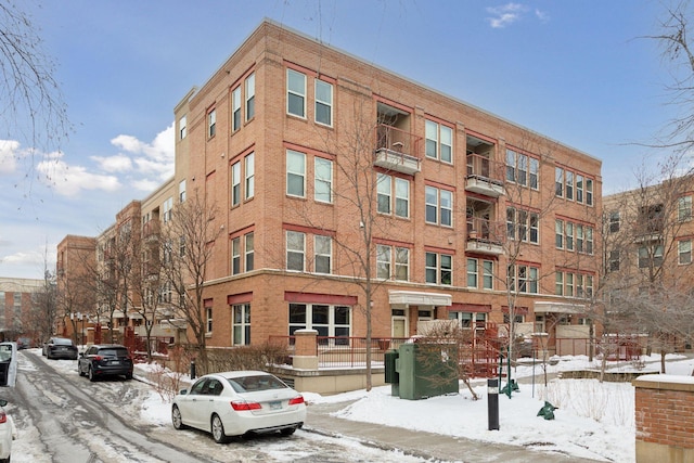 view of snow covered building