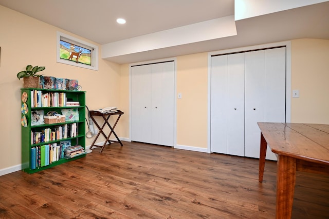 interior space with multiple closets and wood-type flooring