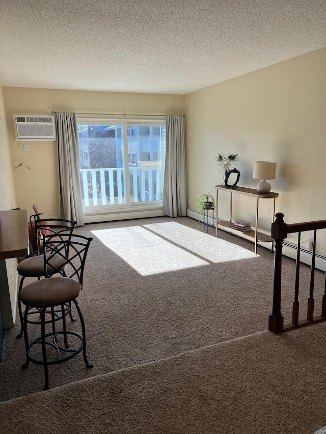 sitting room with a textured ceiling, a baseboard radiator, carpet floors, a wall mounted AC, and baseboard heating