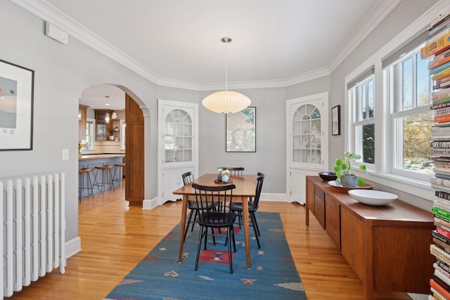 dining room with light wood finished floors, radiator heating unit, arched walkways, and ornamental molding