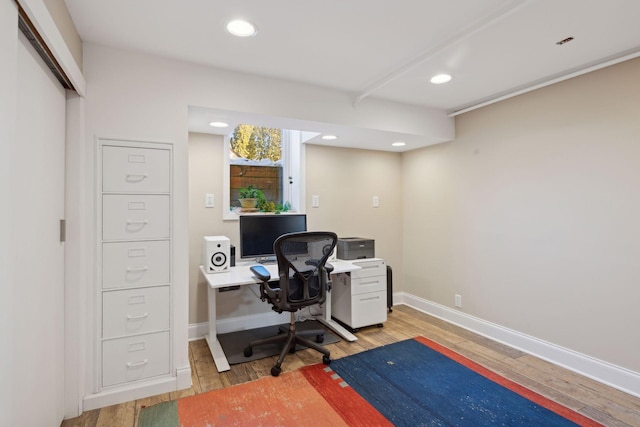 office with recessed lighting, baseboards, and wood finished floors