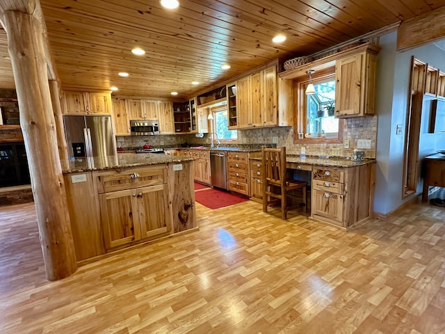 14788 Coyote Dr, Park Rapids, MN 56470 - kitchen featuring stainless steel appliances, wooden ceiling, light wood-style flooring, recessed lighting, and dark stone countertops