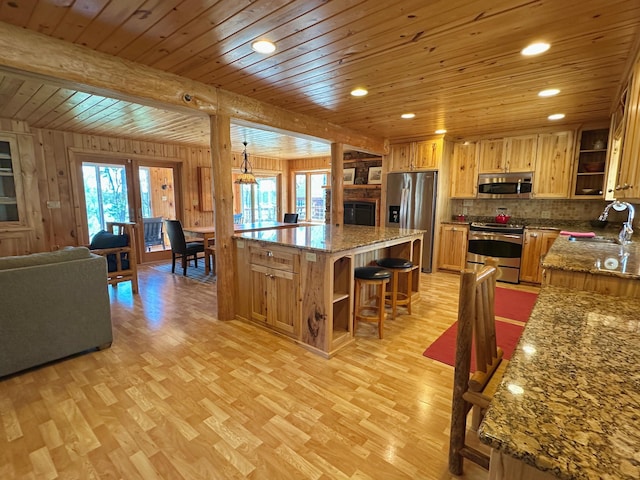 14788 Coyote Dr, Park Rapids, MN 56470 - kitchen with appliances with stainless steel finishes, open shelves, wooden ceiling, light wood finished floors, and decorative backsplash