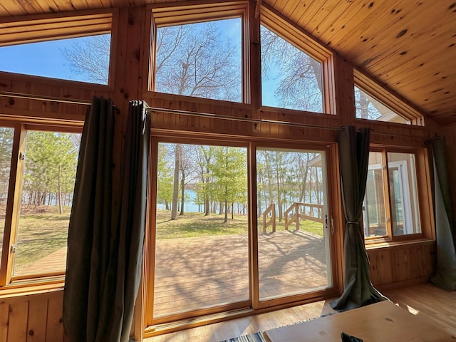 14788 Coyote Dr, Park Rapids, MN 56470 - doorway to outside with a water view, lofted ceiling, wood walls, plenty of natural light, and wood finished floors
