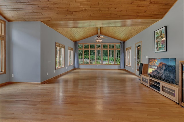 unfurnished living room featuring lofted ceiling with beams, wooden ceiling, ceiling fan, and light wood-style flooring