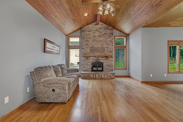 unfurnished living room featuring wood ceiling, ceiling fan, wood finished floors, and vaulted ceiling with beams