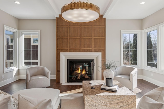 interior space with dark wood-type flooring and a fireplace
