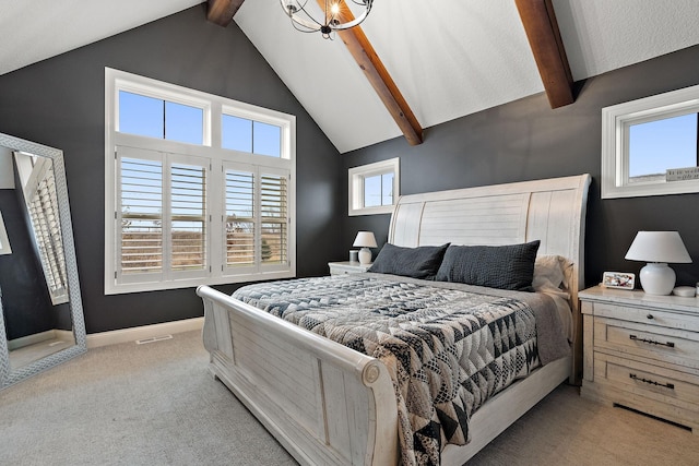 carpeted bedroom featuring beamed ceiling, high vaulted ceiling, and multiple windows