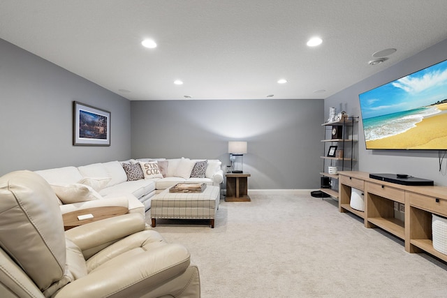 living room featuring light carpet