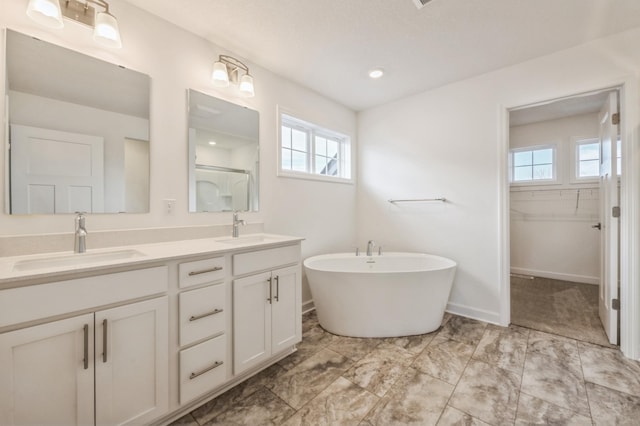 bathroom featuring vanity and plus walk in shower