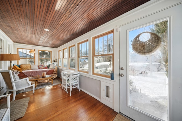 sunroom featuring a healthy amount of sunlight and wooden ceiling