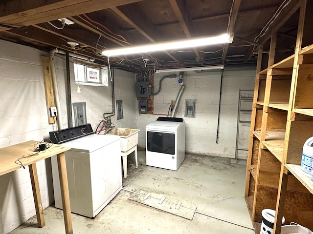 basement featuring electric panel and separate washer and dryer