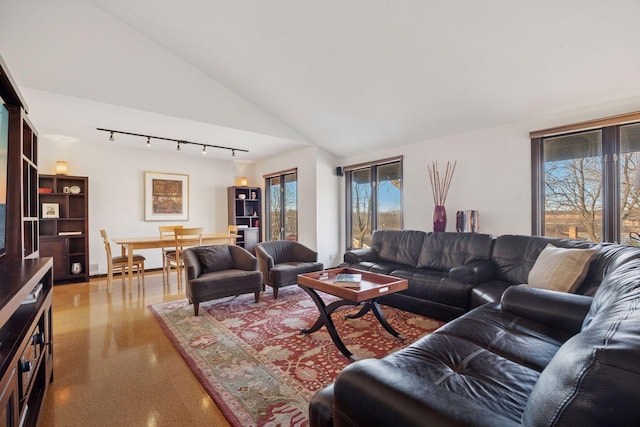 living room with lofted ceiling and light speckled floor