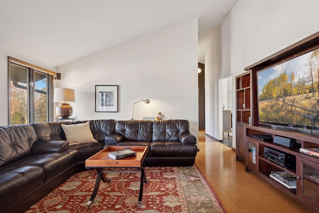 living room with lofted ceiling