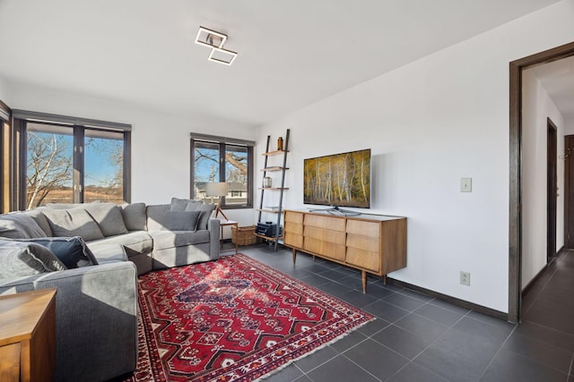 living room with baseboards and dark tile patterned flooring