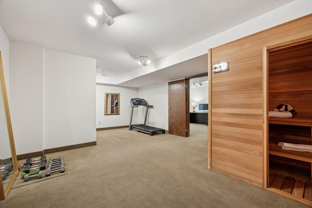 workout area with a sauna, baseboards, and carpet