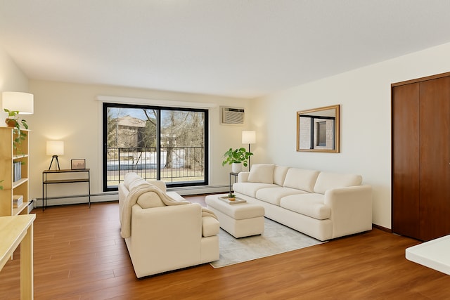 10451 Greenbrier Rd Unit 118, Minnetonka, MN 55305 - living room with baseboard heating, wood finished floors, and an AC wall unit