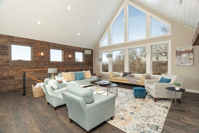 771 Zumbro Oaks Ln NW, Oronoco, MN 55960 - living area featuring high vaulted ceiling, an accent wall, wooden ceiling, wood walls, and dark wood-style floors