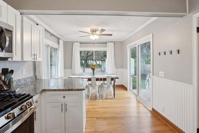 kitchen featuring crown molding, stainless steel appliances, wainscoting, and a wealth of natural light
