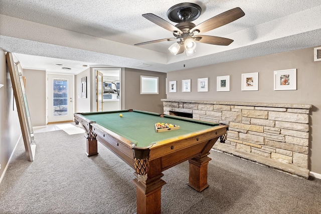 game room with carpet floors, billiards, a raised ceiling, and a textured ceiling
