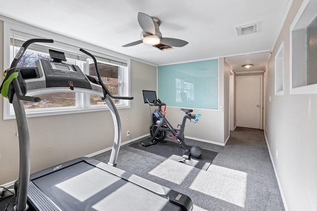 exercise area with ceiling fan, baseboards, carpet flooring, and visible vents