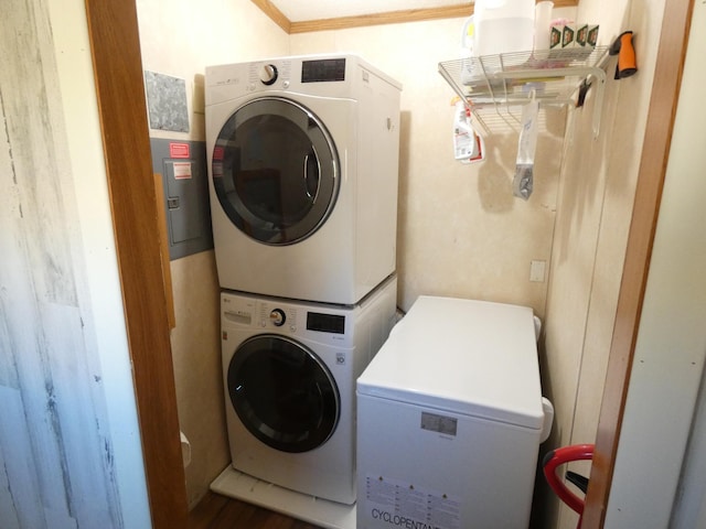 laundry room with crown molding and stacked washer / dryer