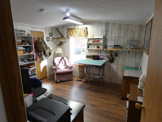 interior space featuring lofted ceiling, ornamental molding, dark hardwood / wood-style floors, and a textured ceiling