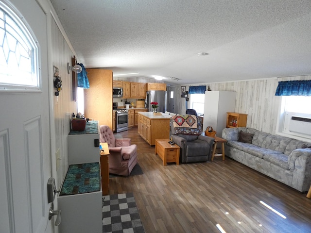 living room with dark hardwood / wood-style floors, vaulted ceiling, and a textured ceiling