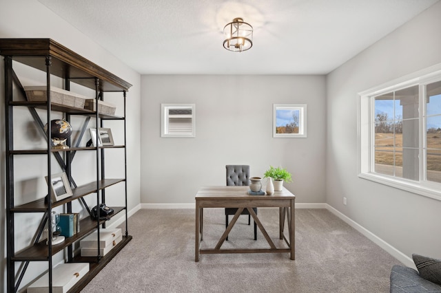 office with a textured ceiling, carpet floors, and a healthy amount of sunlight