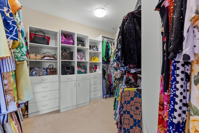 walk in closet with light carpet