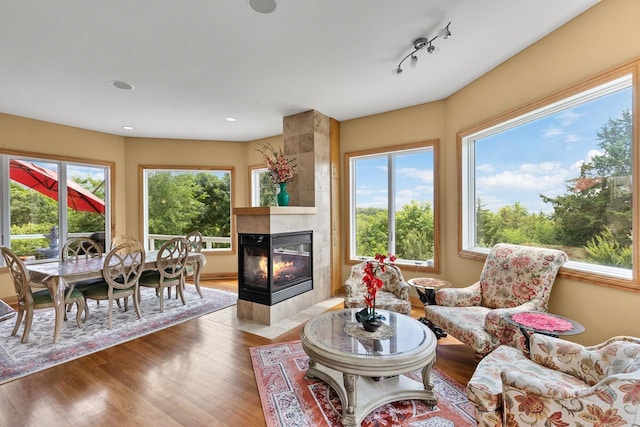 19115 Vogel Farm Trl, Eden Prairie, MN 55347 - living room featuring a tiled fireplace, wood finished floors, and recessed lighting