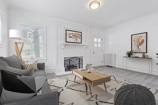 living room with radiator, plenty of natural light, light carpet, and ornamental molding