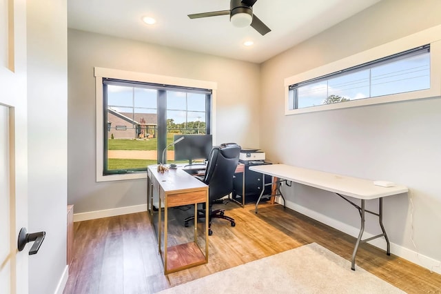 office featuring ceiling fan, a healthy amount of sunlight, and wood-type flooring