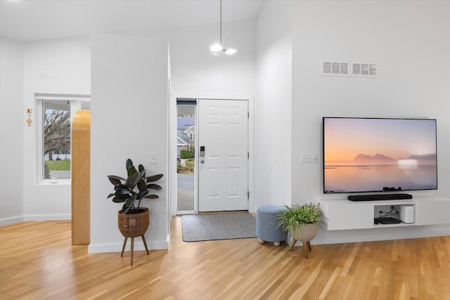 entryway featuring a towering ceiling and hardwood / wood-style floors