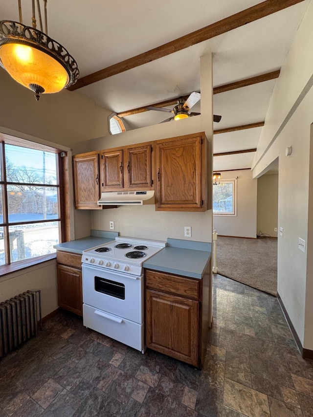 kitchen featuring ceiling fan, electric stove, stone finish floor, and plenty of natural light