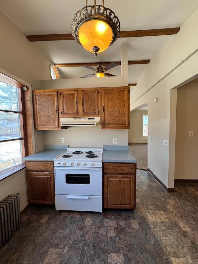 kitchen featuring electric range, exhaust hood, baseboards, light countertops, and radiator heating unit