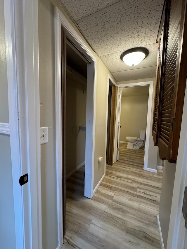 corridor with light wood-type flooring, a paneled ceiling, and baseboards