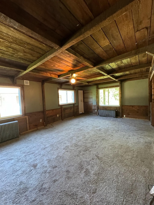 spare room with a wainscoted wall, radiator heating unit, and wood ceiling