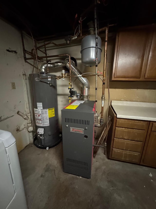 utility room with washer / dryer, water heater, and a heating unit