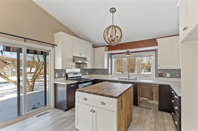 kitchen with a kitchen island, a sink, gas range, butcher block countertops, and under cabinet range hood