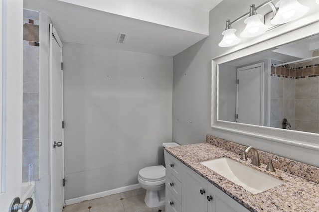 full bath with baseboards, visible vents, toilet, tile patterned floors, and vanity