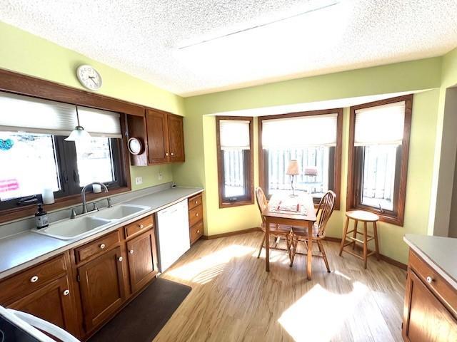 kitchen with a sink, a textured ceiling, dishwasher, and light countertops