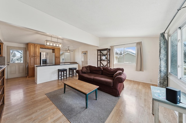 living room with lofted ceiling and light wood-style floors