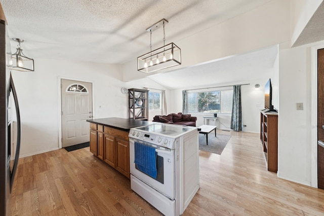 kitchen featuring brown cabinets, light wood-type flooring, open floor plan, and white electric range