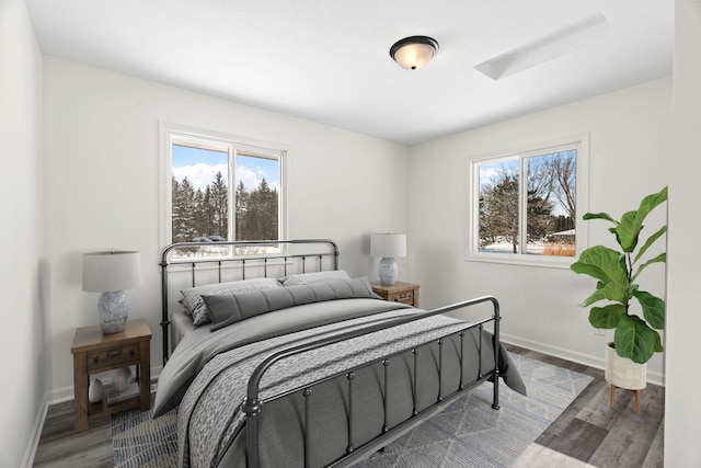 bedroom featuring multiple windows, wood finished floors, and baseboards