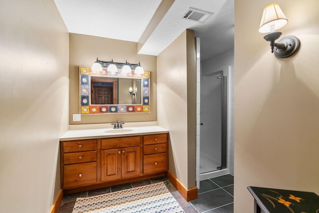 full bath featuring vanity, a shower stall, visible vents, and baseboards