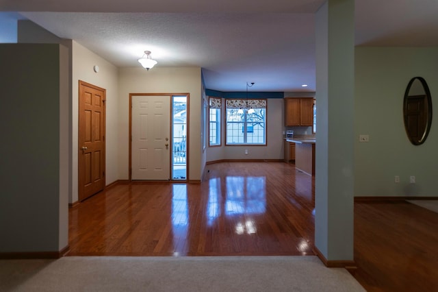 foyer entrance with wood finished floors and baseboards